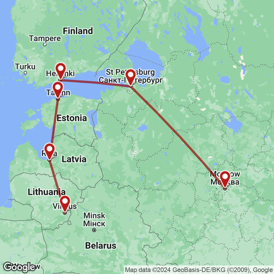 Route for Vilnius, Riga, Tallinn, Helsinki, St. Petersburg, Moscow tour